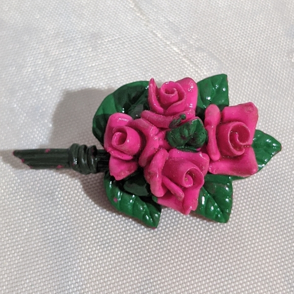 Vintage Jewelry - Vintage Mid Century Green & Pink Flower Brooch